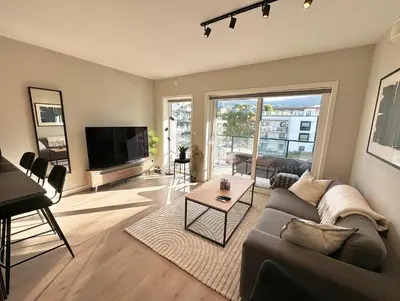 a living room with a couch and a television at Luxury Apartment in Bergen, 10min from City Centre in Bergen