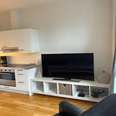 a living room with a television on a white entertainment center at Engen 6 in Bergen