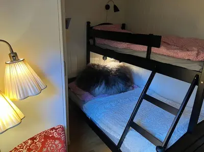 a room with two bunk beds and a lamp at Cozy apartement near Besseggen with a nice outdoor area! in Randsverk