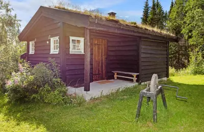 a small wooden cabin with a grass roof at Frøy&Frøya Hyttetun in Skammestein