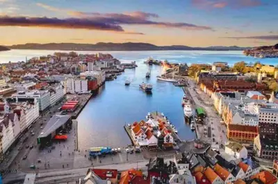 an aerial view of a city with a harbor at Very Central Beautiful Modern Apartment in Bergen