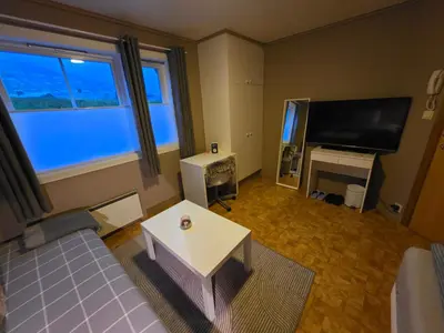 a living room with a couch and a tv at Rom 6 sentralt i Sogndal in Sogndal
