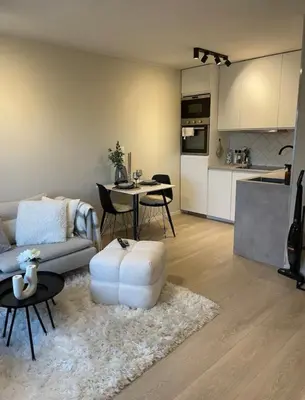 a living room with a couch and a table and a kitchen at Plaza Havstad in Trondheim
