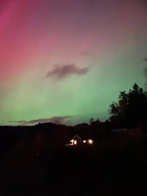 an aurora in the sky over a house at Hytte ved sjøen med båtutleige in Kvalsvik