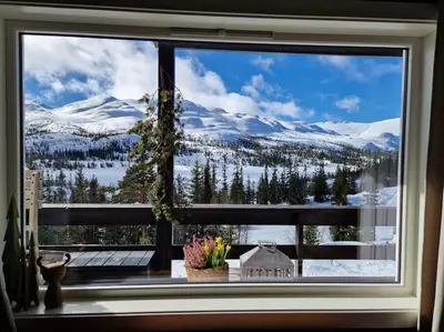 a window with a view of a snowy mountain at Gaustablikk, 3 soverom, fri utsikt til fjell og innsjø in Gaustablikk