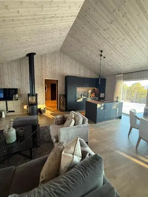 a living room with two couches and a fireplace at Ny hytte i vakre Oppdal, Norge in Fagerhaug