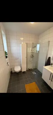a bathroom with a toilet and a shower and a sink at Rekkehus til SKI-VM in Lund