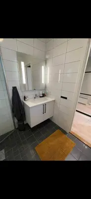 a bathroom with a white sink and a mirror at Rekkehus til SKI-VM in Lund
