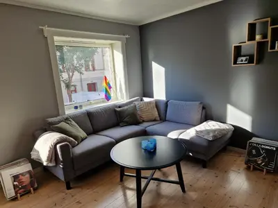 a living room with a couch and a table at Central and cosy apartment in Trondheim, Free parkingspot in Trondheim