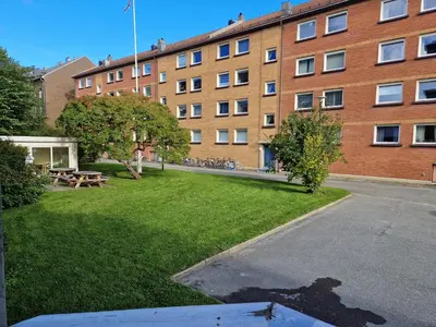 a large building with a grassy yard in front of a building at Central and cosy apartment in Trondheim, Free parkingspot in Trondheim