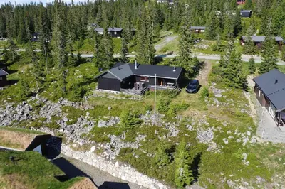 an aerial view of a house with a yard at Koselig familiehytte på Rømåsen in Ringsaker