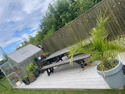 a wooden bench with potted plants on a deck at Presthusvegen in Trondheim