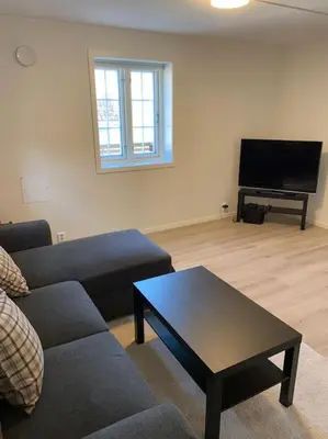 a living room with a couch and a coffee table at Moderne og fullt utstyrt 3-rom hageleilighet sentrum nær in Bergen