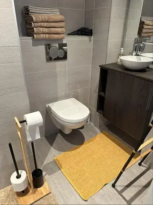 a bathroom with a white toilet and a sink at Downtown free parking cozy apartment in Ålesund
