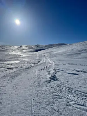 a road in the snow with the sun in the background at Modern Cozy Cabin Near Langsua National Park in Heggenes