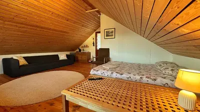 a bedroom with a bed and a couch in a room at Cozy Cabin in Volda