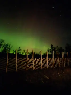 an aurora in the sky behind a fence at night at NEUE Fjellhytte in Etnedal