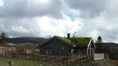 a small black house with a grass roof at NEUE Fjellhytte in Etnedal