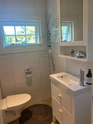 a bathroom with a toilet and a sink and a window at Drømmested for idylliske dager in Skjoldastraumen