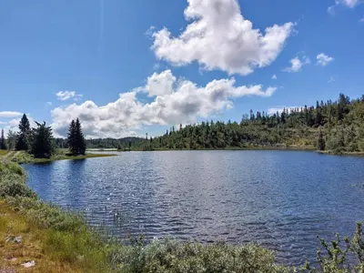 a view of a lake on a sunny day at HYTTEEVENTYR I VALDRES MED JACUZZI, 5 soverom, alpinbakke og skiløyper like ved! in Aurdal