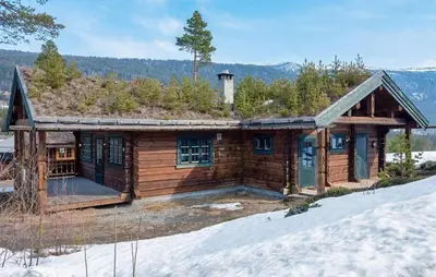 a log cabin with a grass roof in the snow at Lovely Home In Uvdal With Sauna in Uvdal
