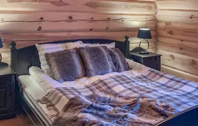 a large bed in a room with a wooden wall at Lovely Home In Uvdal With Sauna in Uvdal