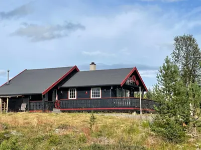 a black house with a red roof in a field at Trollbu by Norgesbooking - cabin at Golsfjellet in Sanderstølen