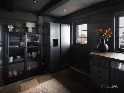 a kitchen with black walls and a cabinet with a vase of flowers at Modern cabin in Vestlia - EV Type 2 - Sauna - WiFi - Games in Geilo