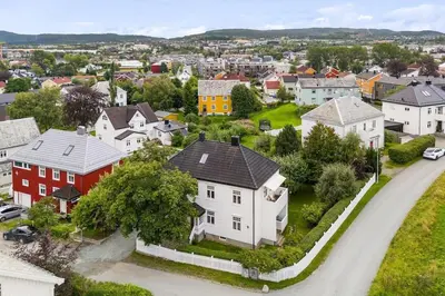 an aerial view of a small town with houses at Leilighet i herskapelig villa in Trondheim