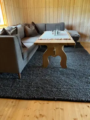 a living room with a couch and a coffee table at Øyangen 3 in Rogne