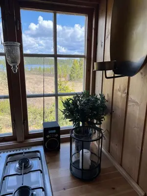 a kitchen with a stove and a window at Øyangen 3 in Rogne