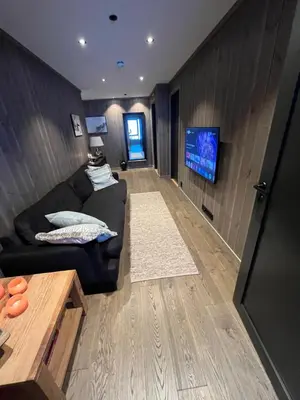 a living room with a black couch and a tv at Exclusive Ski In-Out apartment in Hemsedal next to Fyri Resort in Hemsedal