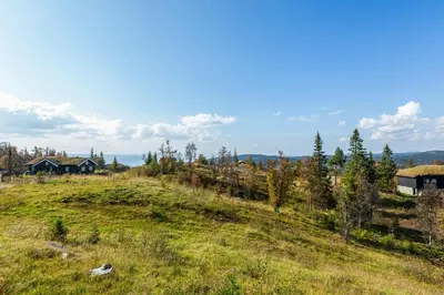 a view of a field with houses and trees at Nydelig utsikt, ski in out, 3 soverom in Aurdal
