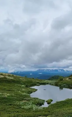 a small pond in a field with snow covered mountains at Bjørkebo in Ål - cabin in hiking and skiing area in Ål
