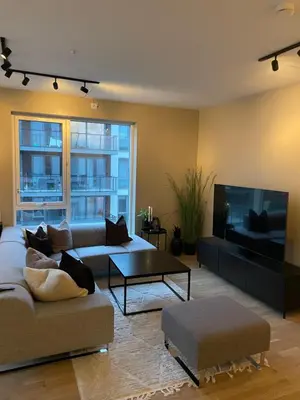 a living room with a couch and a flat screen tv at Splitter ny, romslig leilighet sentralt på Nyhavna leies ut in Trondheim