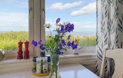 a vase filled with purple flowers sitting on a window sill at Nice Home In Farstad With Wifi in Farstad
