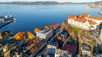 an aerial view of a town on the water at Sentral og stilfull leilighet in Bergen