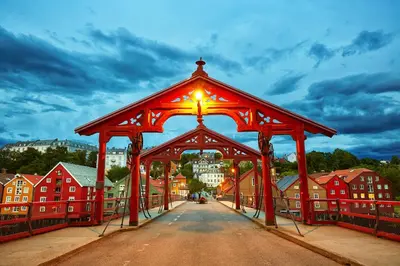 a red bridge with a cross on top of it at Apartment Solsiden Trondheim in Trondheim