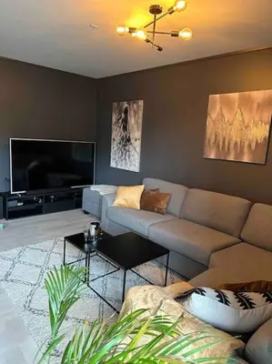 a living room with a couch and a flat screen tv at Delikat og moderne rekkehus in Lillehammer