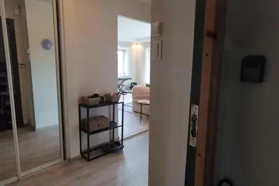 a hallway with a mirror and a living room at Koselig leilighet nær sentrum in Laksevag