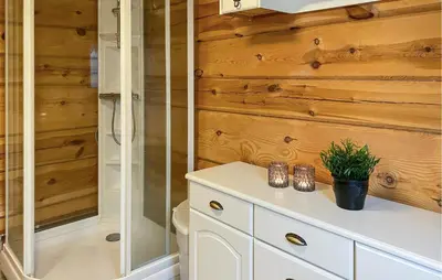 a bathroom with a shower and a white cabinet at Stunning Home In Todalen in Ålvundfjord