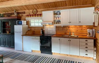 a kitchen with white cabinets and black appliances in a cabin at Stunning Home In Todalen in Ålvundfjord