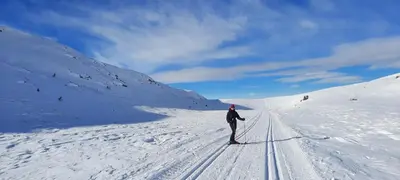 a person is skiing down a snow covered mountain at Naturopplevelser året rundt i Valdres Ski in out Panoramautsikt in Aurdal