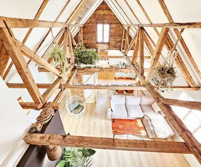 an overhead view of a living room in a wooden building at OAH 1870 Oldest Alesund House in Ålesund