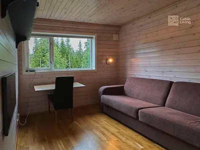 a living room with a couch and a window at Cabin at Sjusjøen Birkebeiner trail ski in out, 8 beds, 2 bathrooms & Wifi in Sjusjøen