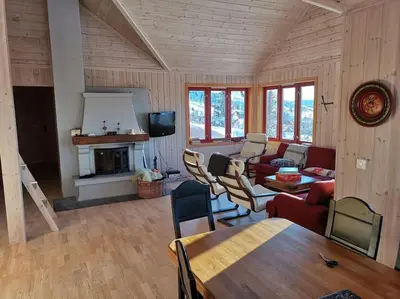 a living room with a couch and a fireplace at Høyfjellshytte in Flå