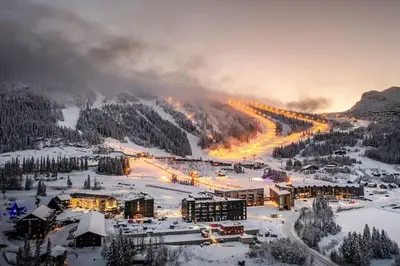 a resort in the mountains with snow on the ground at Ski-in ski-out - Hemsedal Fjellandsbyen in Hemsedal