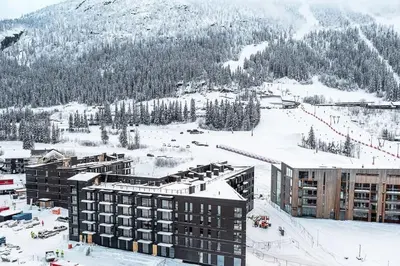 a view of a ski resort in the snow at Ski-in ski-out - Hemsedal in Fjellandsbyen - view to the slopes in Hemsedal