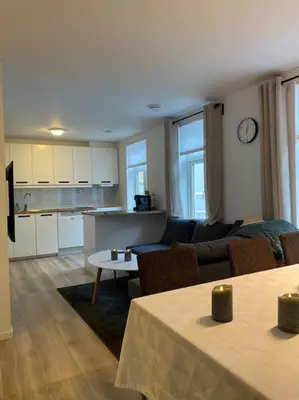 a living room with a couch and a table at 2 Bedroom Apartment Located Downtown Trondheim in Trondheim