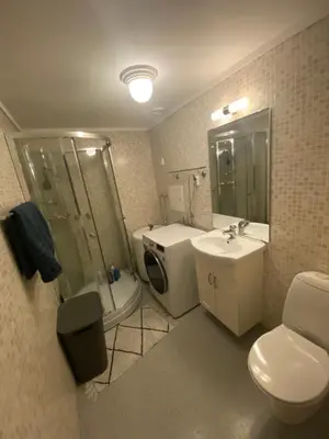 a bathroom with a toilet and a sink and a shower at Lægdgrinda 11 in Trondheim